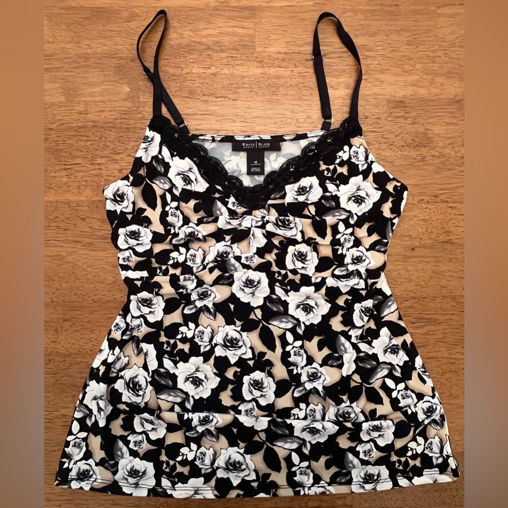 White House Black Market Black and White Rose Camisole